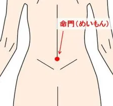 名前：命門（めいもん）
場所：へそのちょうど後ろ側の位置。腰の上。
【効果】
生命の根源・生命の根本を指し、補腎の効果で腰痛や生理痛が楽になります。