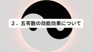 ２．五苓散の効能効果について五苓散が自律神経失調症に効くかどうかを確認するために、西洋医学としての五苓散の効能効果を確認してみます。

【五苓散の説明文書】
口渇、尿量減少するものの次の諸症： 浮腫、ネフローゼ、二日酔、急性胃腸カタル、下痢、悪心、嘔吐、 めまい、胃内停水、頭痛、尿毒症、暑気あたり、糖尿病　

と記載されています。

１の自律神経失調症の自覚症状に記載しためまいや吐き気や頭痛などの記載があります。
そのため西洋医学としての自律神経失調症の定義であればこれらの症状に効果的であることが分かります。