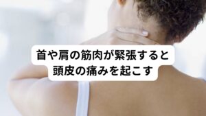 首や肩の筋肉が緊張すると頭皮の痛みを起こす大後頭神経、小後頭神経、大耳介神経の3つの神経はいずれも、後頭下筋や胸鎖乳突筋など頭を支える首の筋肉の隙間から皮膚の表面に向かって伸びています。
そのため、首の筋肉が緊張するとその圧迫が刺激となって神経痛が起こります。

首こりや肩こりなど、首周りの筋肉のこりが強い人は後頭神経痛を起こしやすい傾向にあります。