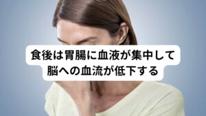 食後は胃腸に血液が集中して脳への血流が低下する私達の身体は食事を摂ると自律神経の働きによって、胃腸へ血液を集めるように調整して消化吸収を促します。
この胃腸へ血液を集めて消化吸収が行われやすくする反応は、逆に他の場所への血流量を低下させてしまいます。

「食後はあまり動きたくなくなる」といった反応はどなたでも経験したことがあると思いますが、この反応は胃腸へ血液が集中することで脳や筋肉への血流が低下してしまい体を動かすのが億劫になっている状態です。