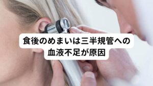 食後のめまいは三半規管への血液不足が原因健康体でもある程度はこのように胃腸に血液が集中することで血液量の低下によって他の臓器は活動が若干低下する反応は起こります。
しかし、他の臓器への血流量が必要以上に低下してしまうと、酸素と栄養が不足してしまいめまいなどの異常な症状が現れてしまいます。

とくに食後のめまい(食後低血圧)は耳の奥にある三半規管への血流量が低下が著しくなることで発生していると考えられています。
そのためこの症状を改善するためには、食後でも耳の奥にある三半規管への血流量が低下しすぎないように予防策を行うことが重要です。