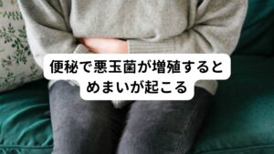 めまいは様々な原因によって起こりますが、実は便秘もめまいが起きる原因の一つです。
また便秘になると、めまいが起きるだけではなく、吐き気など胃の機能も低下し症状が出てくることがあります。

便秘は「便が腸に詰まって排出できないだけ」とあまりめまいと関係がないように思えます。
しかし、腸内の悪玉菌が大きく関係してめまいを引き起こします。

腸に便が詰まって便秘になると腸内にいる悪玉菌が便を腐敗させ、有害な物質や毒素を発生させてしまいます。
その有害物質や、毒素が腸内にどんどん溜まっていくと、腸管を流れる血液や神経にダメージを与えてしまいます。