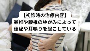 初診時にも耳鳴りが起きており、便がスッキリと出ていない状態であった。
耳鳴りは左右起きていたが特に右耳に強く出ており、キーン、サー、チーと体調によって音色も変わる。

便秘と耳鳴り以外にも首こり、肩こり、腰痛を気にしていた。
そのため首から腰に掛けて背骨が歪んでいないかどうか検査したところ、頸椎、腰椎のゆがみが生じており、筋肉の緊張も左右差が生じていた。
この頸椎と腰椎にゆがみがある状態で身体を酷使した結果、現在の便秘や耳鳴りの症状が出現した可能性が高いと考える。

便秘と耳鳴りを解消させるために頸椎や腰椎の筋肉のアンバランスや便通や耳鳴りに関係する自律神経系の調整を中心に施術を行うようにする。