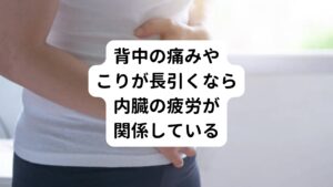 背中の痛みは比較的誰でも起こるよくある一般的な症状のひとつです。
しかし、筋肉のこりからくる痛みだけでなく様々な疾患が原因で背中に痛みを生じさせることがあります。
例えば、癌、胃潰瘍、膵炎、胆石、腎臓、尿路結石などの病気を患っている方は背中に痛みを訴えやすい傾向にあります。

このような内臓の疾患によって背中に痛みが起こるのであれば、病気とまでいかなくても「内臓の疲労」によって背中の痛みが生じても、何ら不思議ではありません。
実際、背中の痛みで非常に多いのが肩甲骨の内側から腰にかけて起こるこり感と痛みですが、この不調は胃、肝臓、心臓などの内臓の疲労と関連があるとされています。

そのため長引く背中こりや痛みであれば単純な「筋肉疲労」とはいきません。
そもそも原因が筋肉の疲労だけであれば３日程度でかなり回復するものです。

これは、筋肉痛で考えるとわかりやすいと思います。
一般的に誰でも筋肉痛はせいぜい3～4日でほとんど気にならなくなるまで回復すると思います。
つまり、単純に筋肉だけの痛みやこりであれば、気になる暇もないうちに勝手に治るのです。