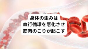 この腰部の筋肉の痛みや緊張によって起こる身体の歪みは姿勢を悪くする要因となります。
この不良姿勢は単に「見た目が悪い」という容姿の問題ではなく、前後左右の筋肉のアンバランスを生み出し血行循環を悪化させます。


この筋緊張のアンバランスによって起こる血行不良が結果的にさらなる筋肉の緊張、こり、痛みを引き起こすトリガーになってしまいます。