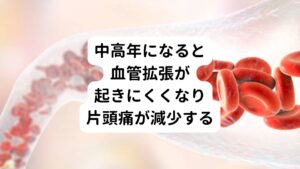 この片頭痛は中高年になると減少傾向にあるといわれています。
その理由には中高年は脳の血管は動脈硬化を起こし、異常な血管拡張が起こりにくくなるということがあります。
そのため、三叉神経への刺激情報も伝わりにくくなることで片頭痛が起こりにくいと考えられています。