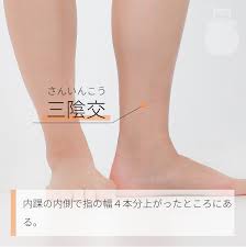 ③三陰交
【主な効果】
ひざ痛、更年期障害
【場所】
内くるぶしの中心から、ひざ方向に指の幅４本分上がった付近の骨の際にある。
その辺りを指で押して、いちばん響くところがポイント。

【解説】
三陰交は女性の病気の特効穴とされています。
ここにお灸を据えれば自律神経のバランスが調整されてさまざまな婦人科疾患や更年期の不定愁訴の解消に役立ちます。
さらに、ひざ痛の方にもおすすめです。