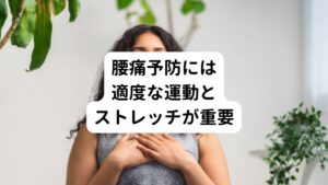 適度な運動とストレッチは、腰痛予防と改善に非常に効果的です。
定期的な運動を行うことで、筋力低下を予防でき、体全体のバランスを保つことができます。
特に、腹筋や背筋を鍛える運動は、腰を支える筋肉を強化するために腰痛予防につながります。

またストレッチは筋肉を柔軟に保つために欠かせない体操なので必ず行いましょう。
朝起きたときや仕事の合間に、簡単なストレッチを取り入れるだけでも、筋肉の緊張が緩和し、血流を促進することができます。
腰痛予防であれば腰を伸ばすストレッチや、ハムストリングを伸ばすストレッチが効果的です。

また、ヨガもおすすめの運動です。
ヨガは体幹を鍛えると同時に、リラックス効果もあり、ストレスの軽減にもつながります。
これにより、腰痛の原因となる筋肉の緊張を和らげることができます。