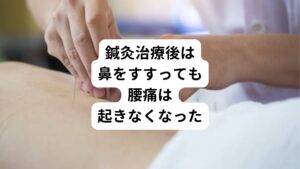 【鍼灸治療】
腰痛の原因である腰椎の後弯と骨盤の歪みを鍼灸の施術で調整しました。
治療後は息を大きく吸っても鼻をすすっても痛みが出ることはなくなりました。

この患者様は後日に接待ゴルフがあったようですが、プレイ中もプレイ後も腰痛は出なかったそうです。
長期間の悪い姿勢の癖や腰に負担がかかる動作の積み重ねで腰椎や骨盤が歪みます。
今回もその積み重ねによって起きた腰痛であったことがよくわかりました。